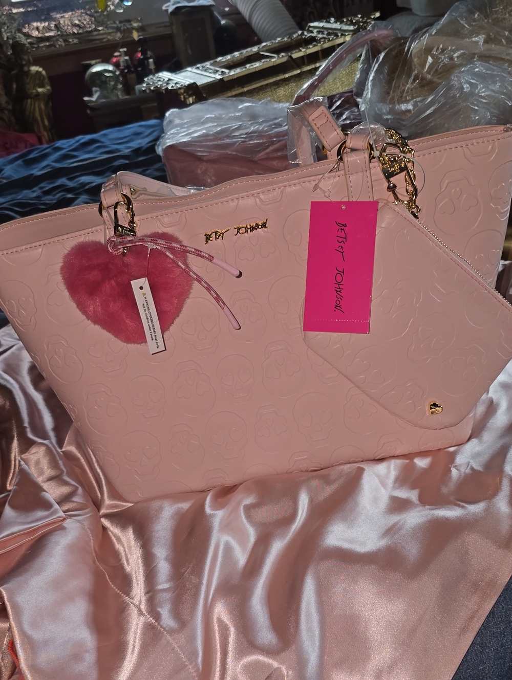 NWT Betsey Johnson Light Pink Skull Embossed Tote with Heart Charm